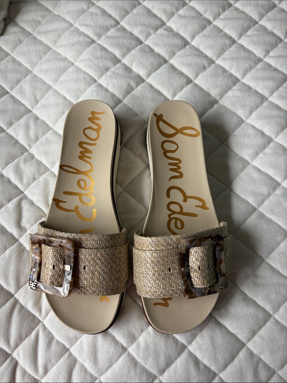 Sam Edelman Beige Woven Slide Sandals with Tortoiseshell Buckles